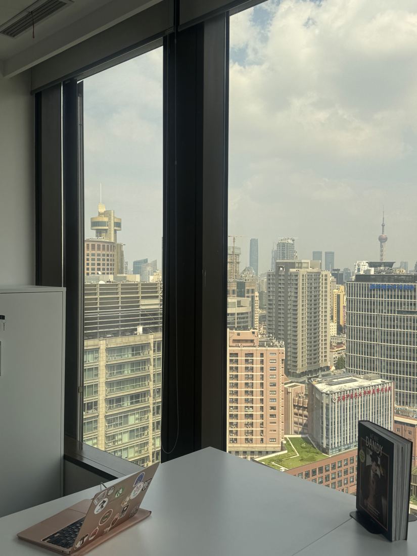 Desk and windows inside the Shanghai office